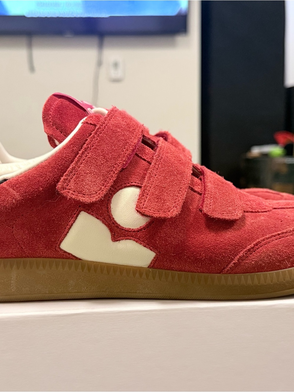 Isabel Marant Red Suede Velcro Sneakers with White Side Accent